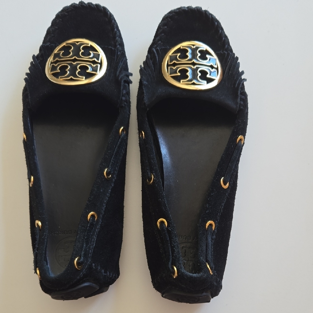 Tory Burch Gold and Black SUEDE Moccasins with Logo